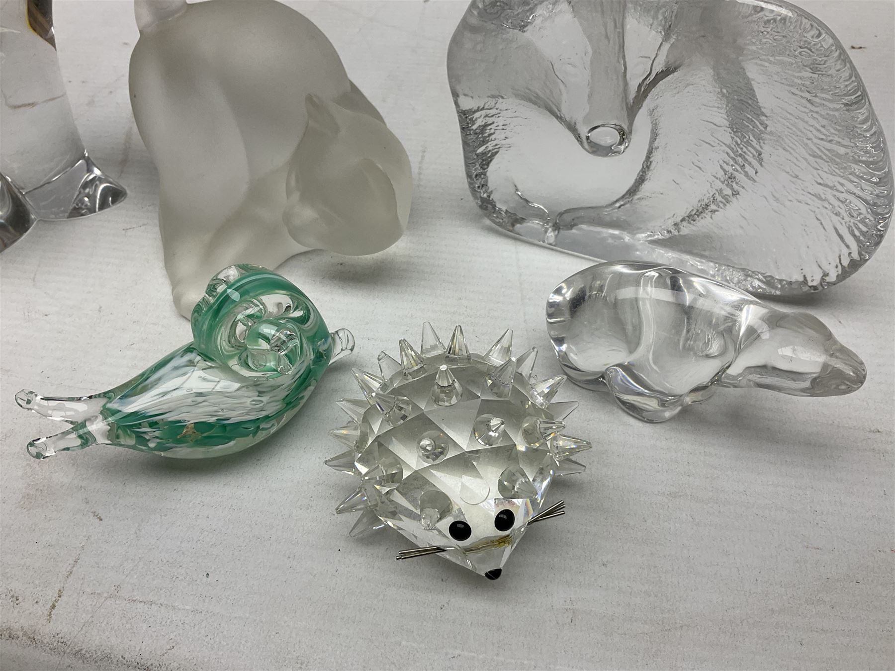 FM Ronneby Sweden large bear paperweight, together two glass penguins, one signed, small Hadeland bear and other glass animals. FM bear H9cm 