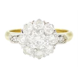 Gold round brilliant cut diamond flower head cluster ring, stamped 18ct, total diamond wei...