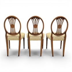 Bevan Funnell Reprodux - Regency design set of ten mahogany dining chairs, oval backs with central splat with rose motif, serpentine seat upholstered in damask fabric, raised on turned supports