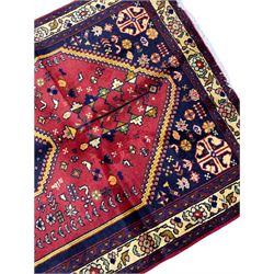 Small Persian Abadeh rug, blue ground with red lozenge field decorated with small bird and plant motifs, triple band border with floral design