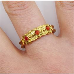 Silver-gilt three stone coral dress ring, stamped Sil