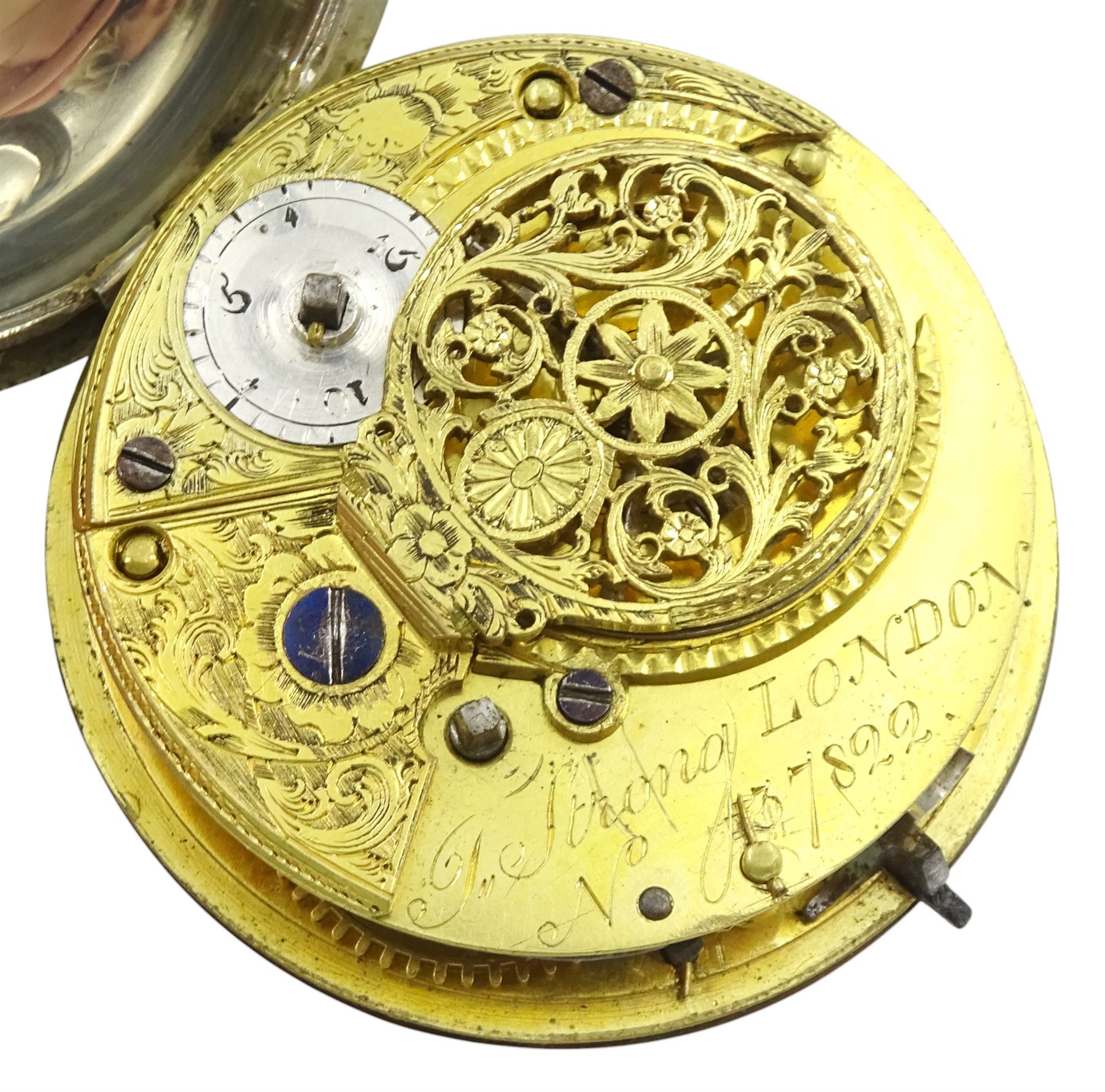 George III gilt open face fusee lever pocket watch by John Dwerrihouse Berkley Square, No. 4079, engraved balance cock with diamond endstone, two other fusee lever pocket watches by Strong, London and Thomas Hume, London, one with silver pair case, the other with white metal case