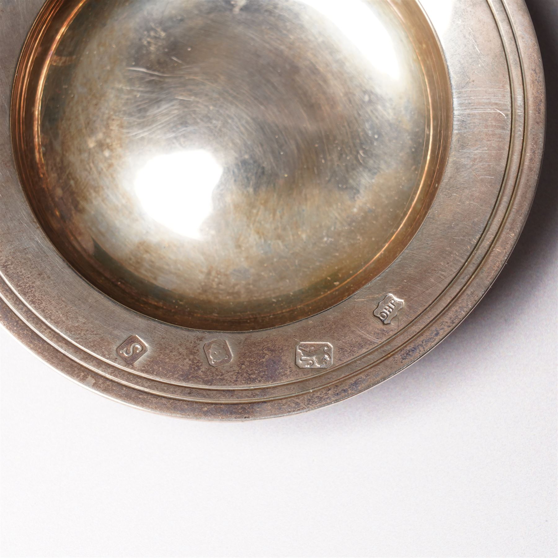 Set of four small silver Armada dishes each engraved with an initial D8cm London 1972-73 Maker John Henry Odell 