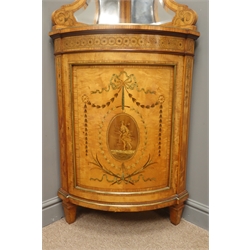  19th century gilt metal mounted figured satinwood standing corner cabinet with graduating twin shelved bevelled mirror back the door marquetry decorated with garlands and floral sprays around a medallion of Diana on tapered supports H178cm, W66cm, 42cm  