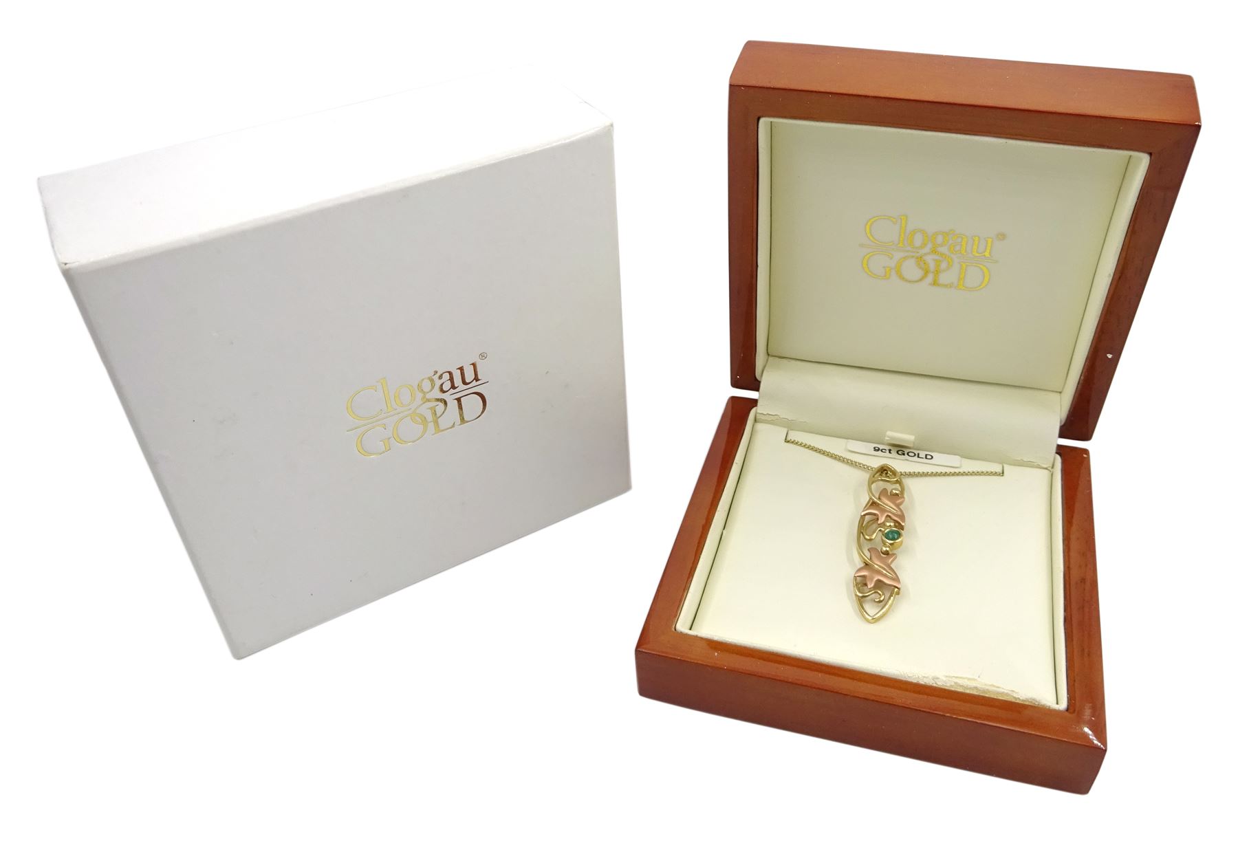 Clogau 9ct yellow and rose gold 'Lady of Caerphilly' cabochon emerald pendant necklace, hallmarked
