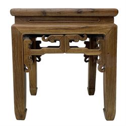 Early 19th century Chinese Qing dynasty jichimu wood stool or side table, Shanxi province, panelled square top, shaped upper rail carved with scrolls, on square supports with hoof feet 