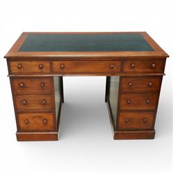 Victorian mahogany pedestal desk, rectangular moulded top inset with green leather writing...