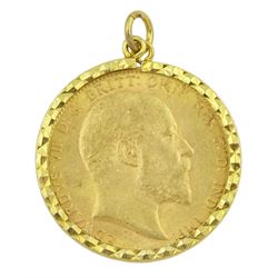 King Edward VII 1904 gold full sovereign coin, loose mounted in 9ct gold pendant hallmarked