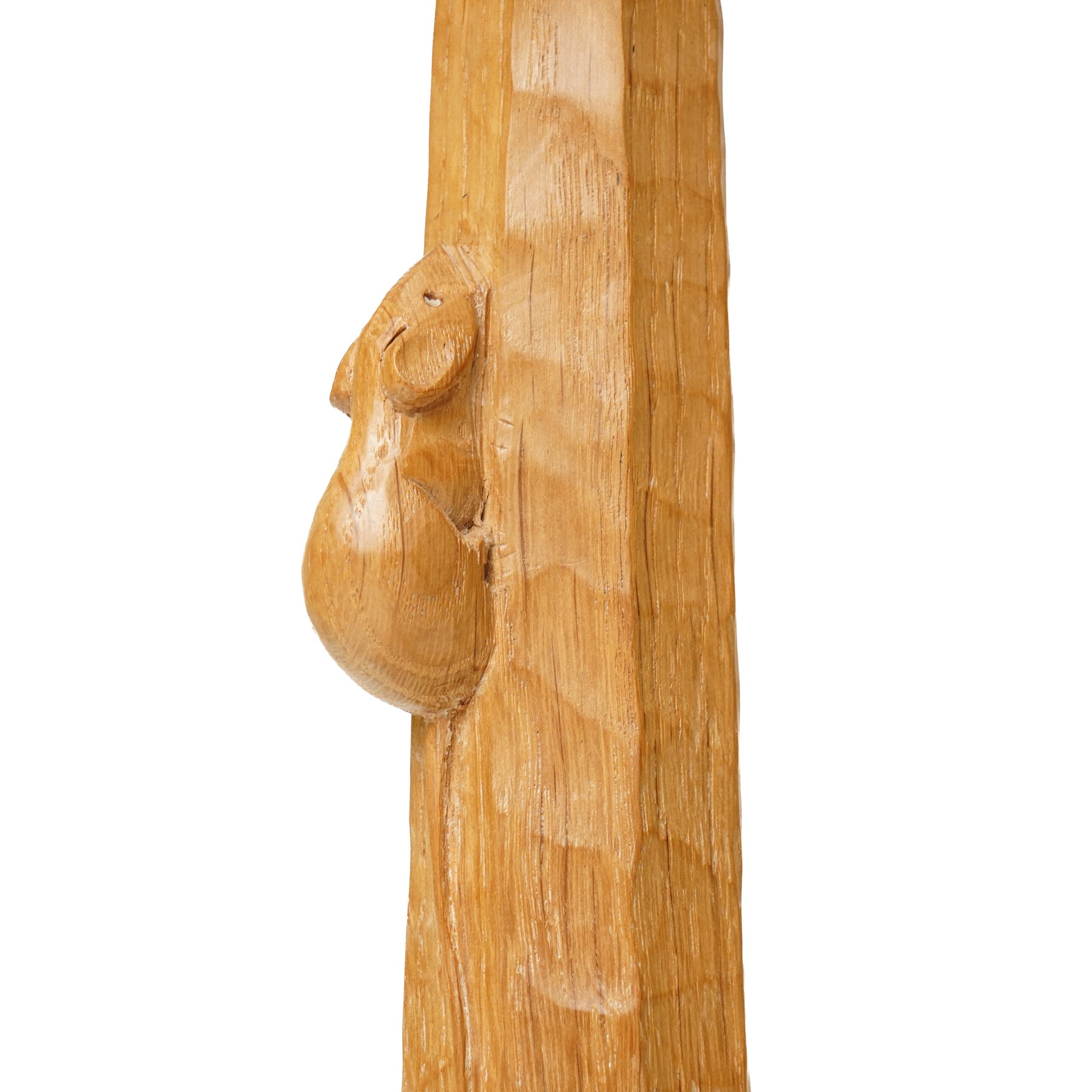 Mouseman - tooled oak table lamp, tapered octagonal stem terminating to square base carved with leaf motifs, with red shade, including shade H60cm, and with carved mouse signature, by the workshop of Robert Thompson of Kilburn