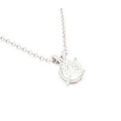18ct white gold diamond pendant necklace, set with a single round brilliant cut diamond of approx 1.35 carat, on a fine belcher link chain necklace