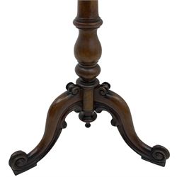19th century pedestal occasional table, circular top with moulded edge over turned vasiform column, terminating in tripod base with scrolled feet and moulded C-scrolls 