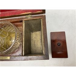 Walnut tea caddy of sarcophagus form, two division lidded interior with a later glass mixing bowl, upon four brass bun feet together with a walnut sewing box with mother of pearl inlaid decoration, tea caddy H16cm