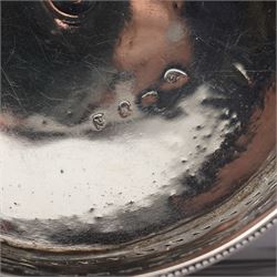 George III silver circular stand, originally a cruet stand, with pieced rim decorated with garlands and swags with turned wood base on claw and ball feet D14cm