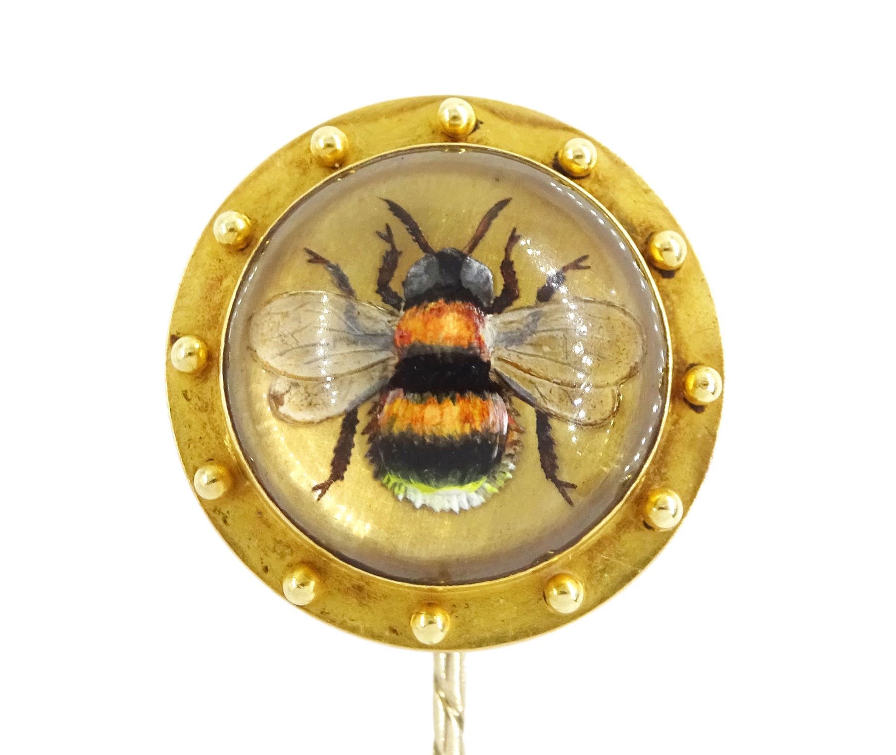 19th / early 20th century 18ct gold Essex crystal bee stick pin, the border with bead decoration