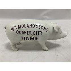 Cast iron reproduction Wm. Moland's Sons Quaker City Hams money box, H9cm