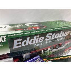 Eddie Stobart - three models relating to Eddie Stobart vehicles comprising 20167 DAF XF Radio Controlled 1:18 scale model; Corgi - CC15508 Hauliers of Renown Volvo F10 Curtainside 1:50 scale model, and TY87001 DAF ‘95 Curtainside Trailer 1:64 scale; all boxed (3)