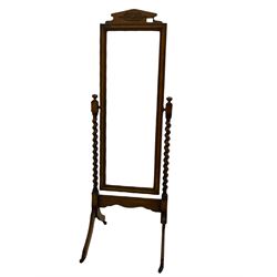 Early 20th century oak cheval dressing mirror, barley twist supports