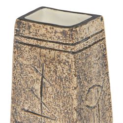 Louise Jinks for Troika Pottery, coffin vase with with incised geometric decoration, signed to base, H17cm 