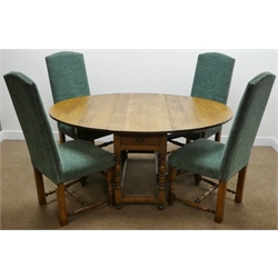  Golden oak oval drop leaf dining table with turned gate legs and single drawer (166cm x 123cm, H75cm) together with a set of four matching high back chairs, W52cm  