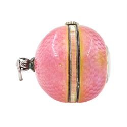 Early 20th century ladies keyless cylinder ball watch, silvered dial with Arabic hour markers and pink guilloche enamel decoration