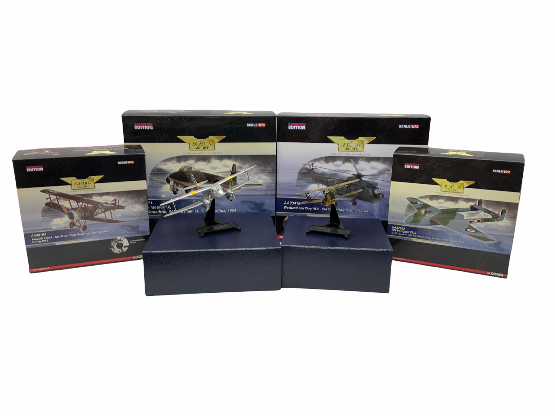 Four Corgi Aviation Archive limited edition die-cast models of aircraft comprising AA33418 Westland Sea King HC4 No.1174/1500; AA35011 Gloster Meteor F.8, No.355/1250; AA38104 Sopwith Camel No.692/1500 and AA37302 DH Vampire FB.9 No.82/2210; all boxed with certificates (one with slip-case); together with two Oxford De Havilland die-cast aircraft - D.H.82A Tiger Moth T-6296 and D.H.89 Dragon Rapide G-AIYR; both boxed (one with slip case) (6)