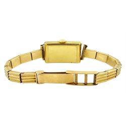 Omega 18ct gold rectangular manual wind wristwatch, Helvetia hallmark, on gold textured link bracelet