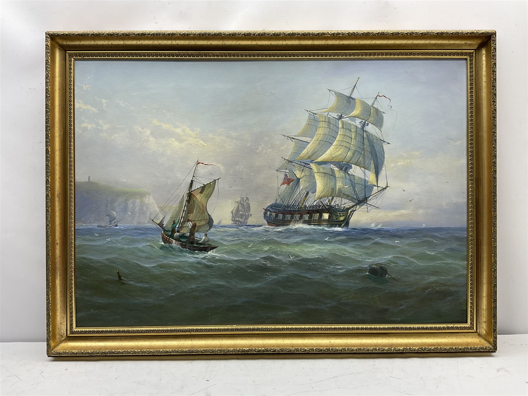 Michael James Whitehand (British 1941-): 'Battle of Flamborough Head', oil on canvas signed 60cm x 88cm