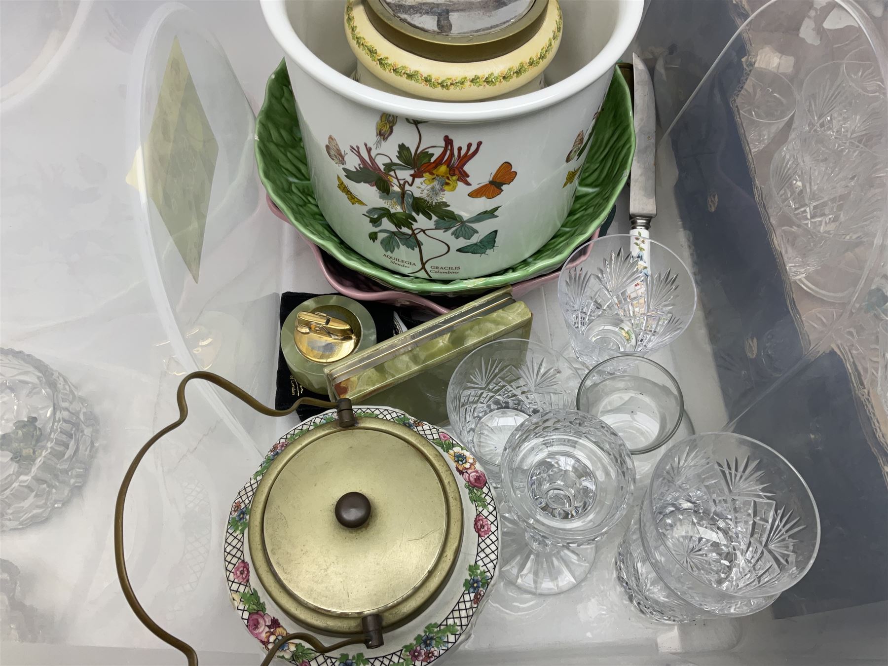 Portuguese Faiancas Belo pottery majolica cabbage leaf dish, together with a similar example, Royal Doulton plate, Portmeirion plant pot, glassware, two silver topped bottles etc, in two boxes  