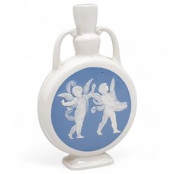 Pate sur pate two handled pilgrim flask modelled by Eric Owen with cherubs on a blue circular panel , white rose to the reverse, inscribed and dated 1956 H20cm