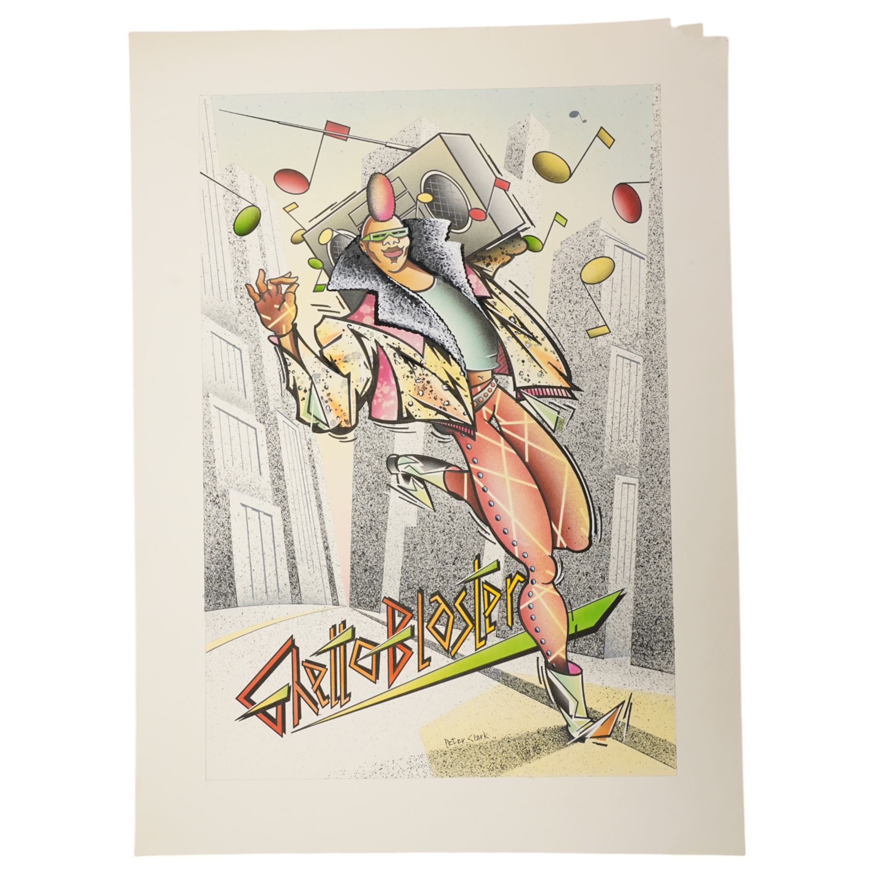 Peter Clark (British 1944-): 'Ghetto Blaster' & 'Foxy Lady', pair of original mixed media ink and watercolour poster prototypes signed, c.1985, 50cm x 34cm (unframed) (2)
Notes: Peter Clark is a British artist best known for his collages, but he began his career as an illustrator working for major UK publications like The Radio Times, BBC and major advertising campaigns. These posters, reflecting the bold colours and graphic style of pop art engage with 1980s music culture.
Provenance: direct from the family of the artist
