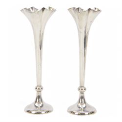 Pair of Victorian silver mounted trumpet vases, with fluted beaded rim, tapering knopped s...