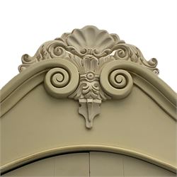 French design cream painted armoire wardrobe, shaped top with shell and flower head pediment, enclosed by two mirror glazed doors, the base fitted with single drawer
