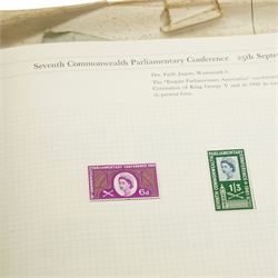 Great British and World stamps, including Queen Victoria penny black, Stanley Gibbons 'Commemorative Stamps' album King George V to Queen Elizabeth II pre-decimal, George V and VI Commonwealth, folder of 19th century and later stamps on covers, first day covers, etc, housed in various albums or folders and loose