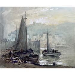Robert Leslie Howey (British 1900-1981): Boats Unloading in the Lower Harbour 'Whitby', mixed media signed and dated '76, titled and inscribed by the artist's son John Whitmore Howey (1946-) verso 37cm x 44cm