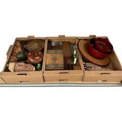 Wooden chess set, together with carved figures and other wooden items, in three boxes 