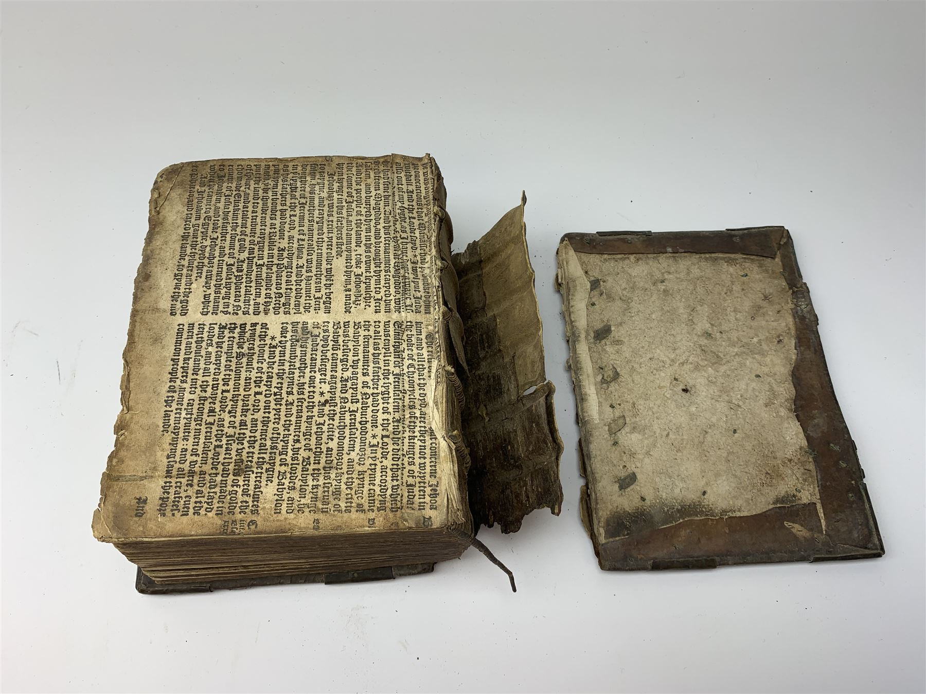 The Holy Bible, Containing the Old Testament and the New; Newly Translated out of the Originall Tongues ..., Imprinted at London by Bonham Norton and John Bill 1620. General and New Testament titles with woodcut border (New Testament title and colophon dated 1621), genealogies and double page map by J.S. (John Speed), Apochrypha present, bound with Two Right Profitable and Fruitfull Concordances .... Collected by R.F.H. Imprinted at London Bonham Norton and John Bill 1622, bound with The Whole Booke of Psalmes Collected into English Meeter by Thomas Sternehold, John Hopkins, and Others ..., printed for the Company of Stationers 1623. Full calf binding with bronze bosses.