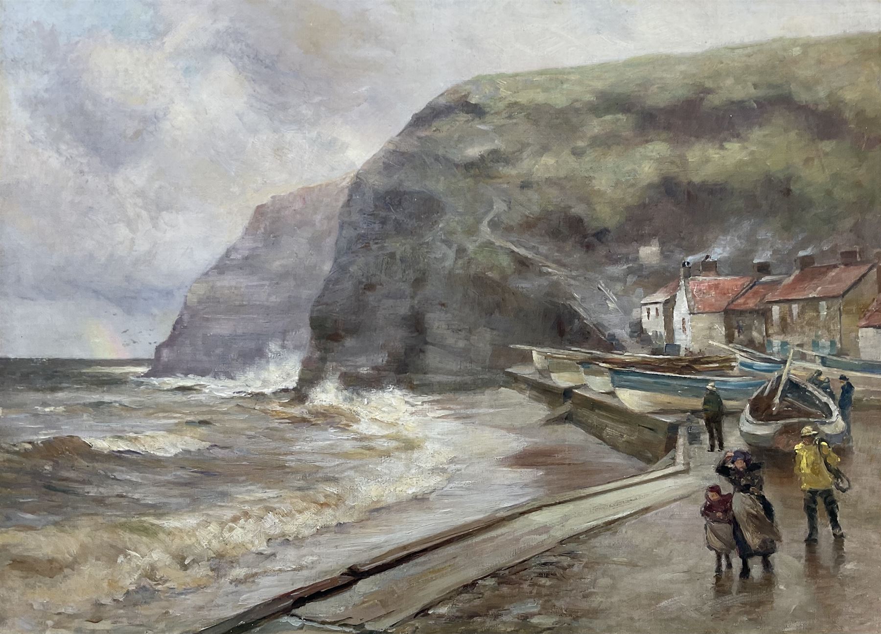 Robert Jobling (Staithes Group 1841-1923): A Blustery Day - Staithes, oil on canvas unsigned 54cm x 74cm 
Provenance: acquired by the vendor from the artist's great-grandson approximately 20 years ago - never previously been on the open market