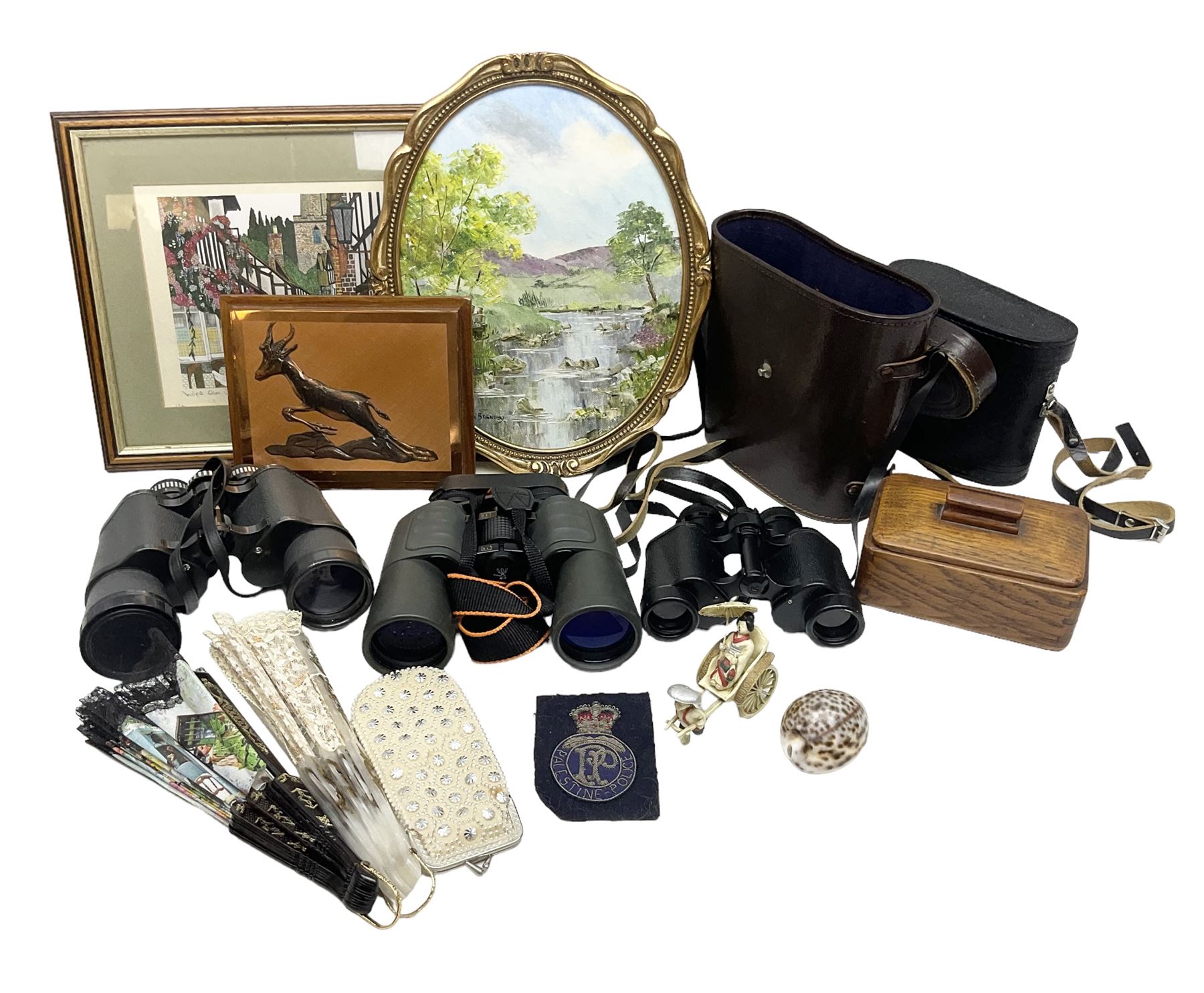 Three pairs of binoculars to include Enbeeco Concord and Bresser, Palestine police patch, framed pictures etc