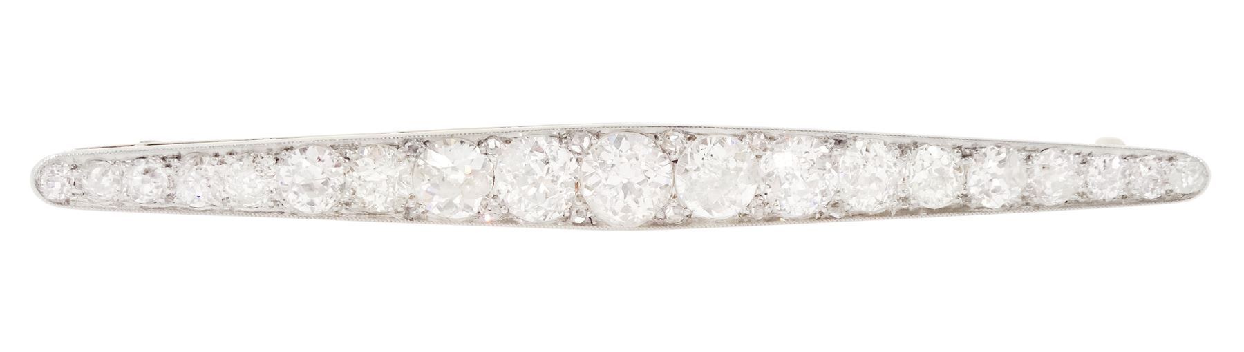 Early 20th century gold and platinum milgrain set graduating old cut diamond brooch, with diamond accents set between, principal diamond approx 0.65 carat, total diamond weight approx 4.75 carat