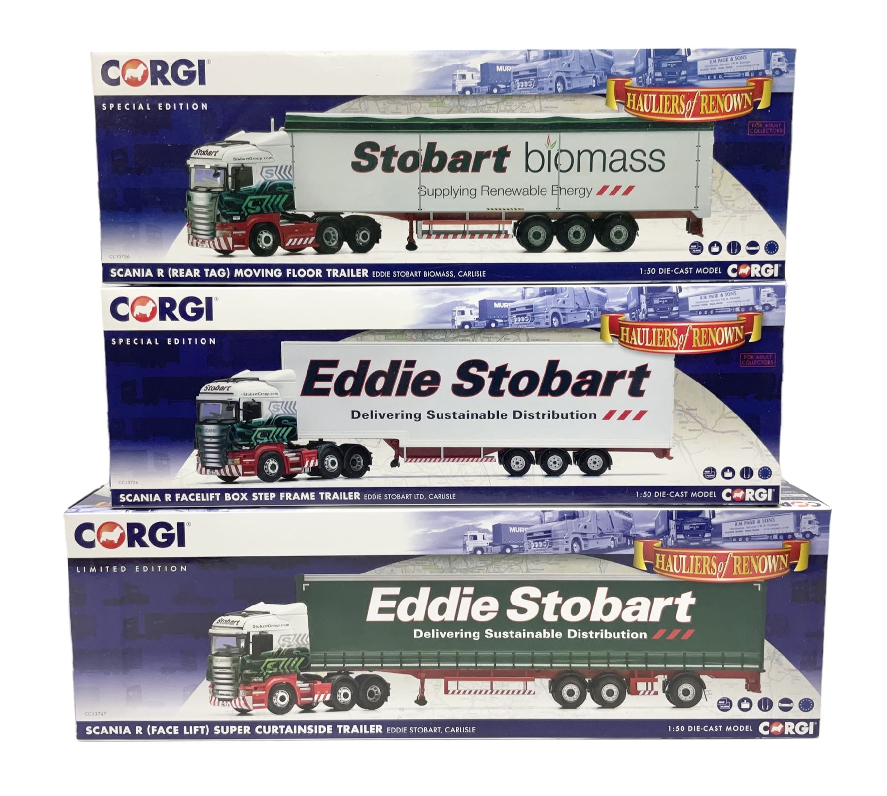 Corgi Eddie Stobart - two special edition Hauliers of Renown; CC13754 Scania R Facelift Box Step Frame Trailer and CC13756 Scania R (Rear Tag) Moving Floor Trailer; and limited edition Hauliers of Renown CC13747 Scania R (Face Lift) Super Curtainside Trailer; all boxed (3)