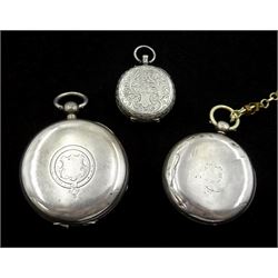 Victorian silver open face key wound lever pocket watch by Thomas Donkin, Scarborough, No. 18157, case by Charles Harris, Birmingham 1893, smaller silver pocket watch by George Cooper, Scarborough, No. 1836, on gilt watch chain, both with white enamel dials and subsidiary seconds dials and a silver fob watch