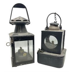 Railway interest - Lamp Manufacturing & Railway Supplies Ltd  Welch patent BR(E) lamp (M), with hinged copper upper section and hinged side door with maker's label, on square base H24cm; and another railway inspection type lamp (2)