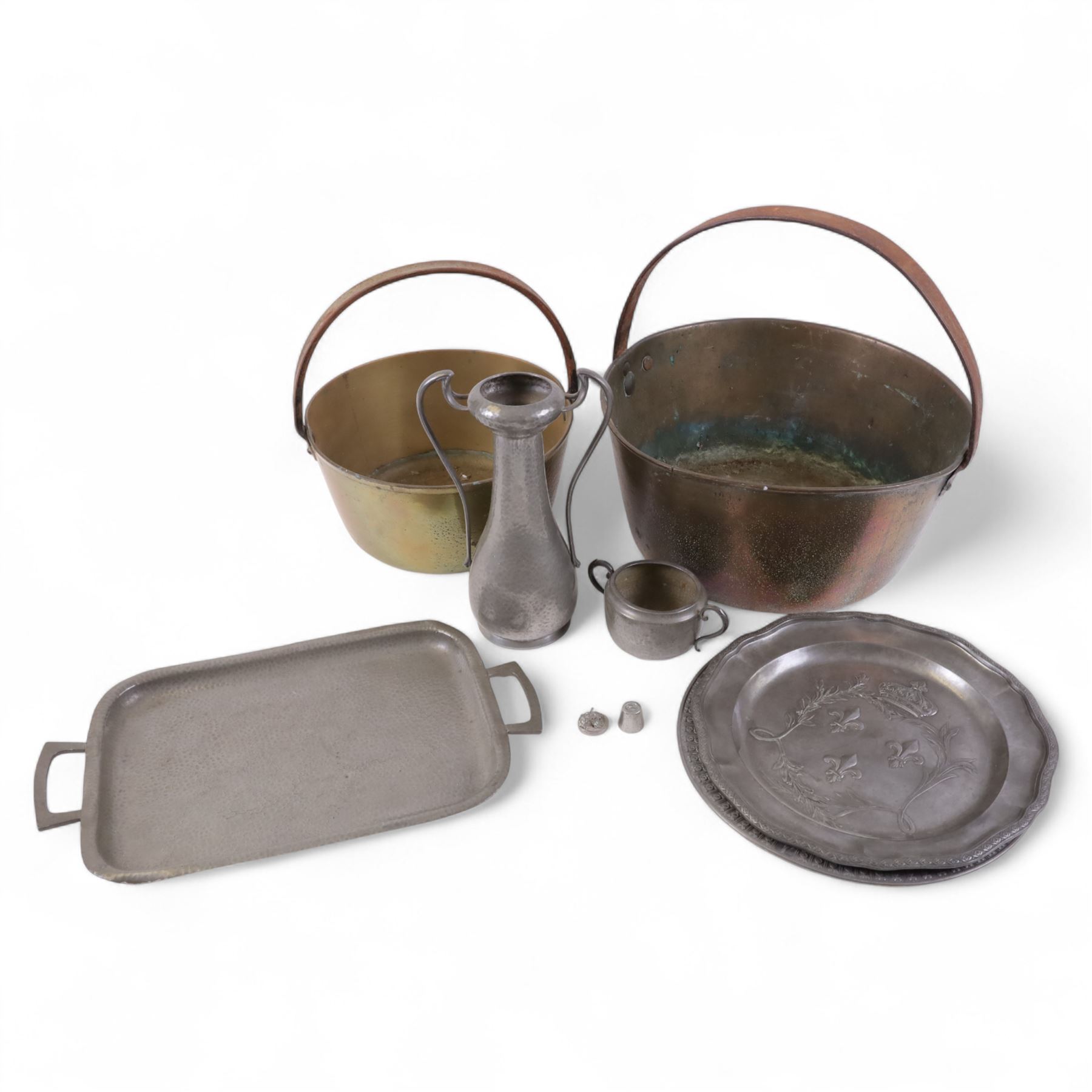 Two jam pans, together with pewter tray, vase etc 