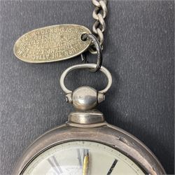 Victorian silver pair cased fusee lever pocket watch, No. 6765, cream enamel dial with Roman numerals, case makers mark R.S, Birmingham 1861, on silver Albert chain