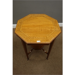  Edwardian satinwood and burr octagonal table centre table, square tapering supports connected by a central undertier, ceramic castors, D66cm, H72cm   