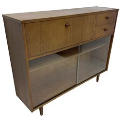Avalon - teak side cabinet, fitted with fall front compartment and two drawers over sliding glass doors