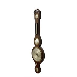 English - 19th century rosewood five-glass mercury wheel barometer c1880, with a swan necked pediment and round base, silvered hydrometer, temperature gauge, 8