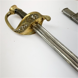 Early 19th century French Officer's sword, 85cm double edged triple fullered blade inscribed with French armourer's mark and dated 1816, brass hilt by Rouart a Paris (1825-1850) with open foliate decoration and ebony grip, steel scabbard, overall 102cm