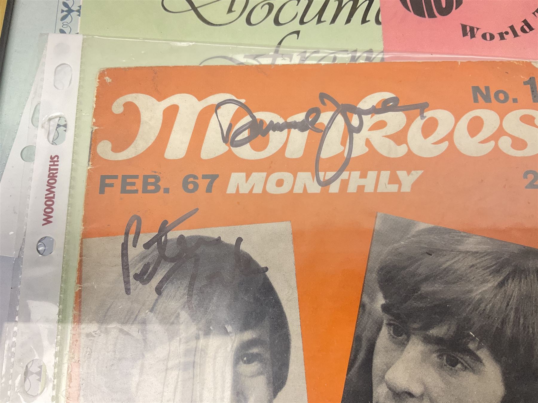 Monkees memorabilia - 'Monkees Monthly' magazine almost complete run from No.1 Feb 67 to No.31 Aug 69 (lacking nos.29 and 32); the cover of No.1 signed by all four members of the group during their 1997 Reunion Tour; quantity of A&BC bubble gum cards; programme for their only UK live performance in 1967 at Empire Pool Wembley; and other related late 1960s music magazines/paperback book