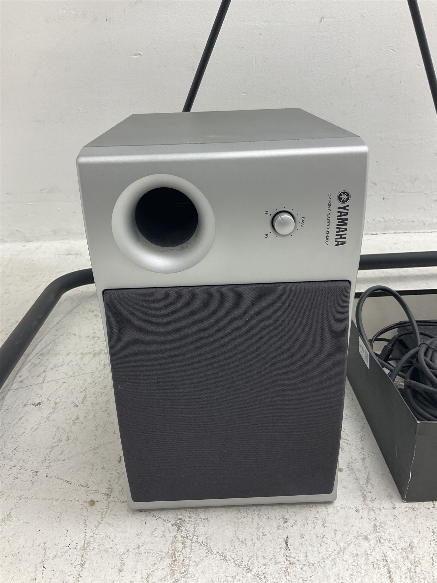 Yamaha Tyros 4 Digital Workstation keyboard with three-piece Option Speaker System TRS-MS04, foot control, various cables and stand; together with a Peavey microphone stand and Shure SM58S microphone